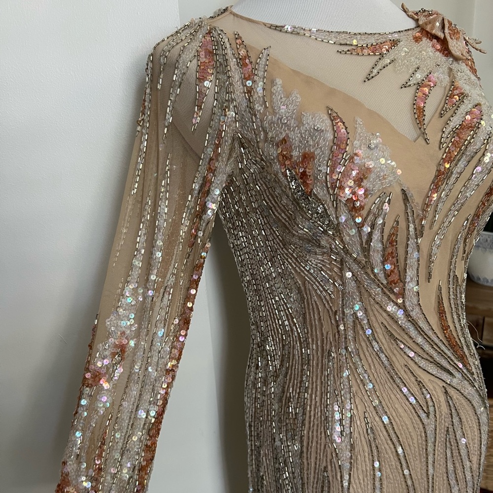 1990 Bob Mackie Boutique nude, silver beads & shiny sequin gown dress - Picture 11 of 16